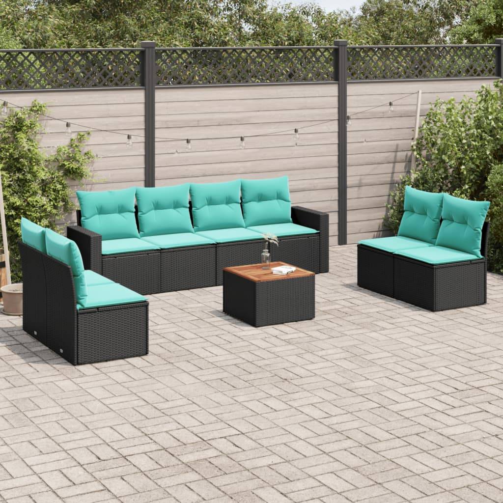 vidaXL 9-tlg. Garten-Sofagarnitur mit Kissen Schwarz Poly Rattan