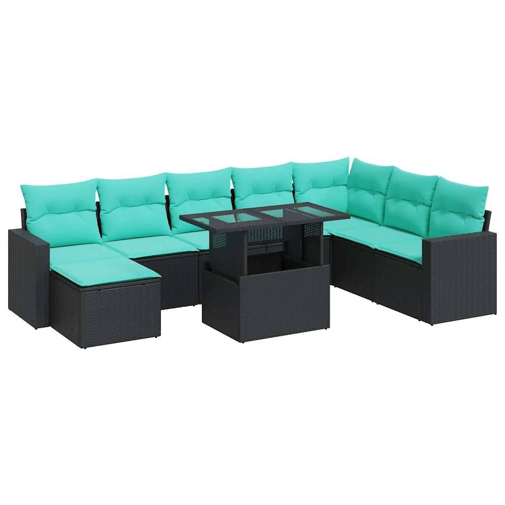 vidaXL 9-tlg. Garten-Sofagarnitur mit Kissen Schwarz Poly Rattan
