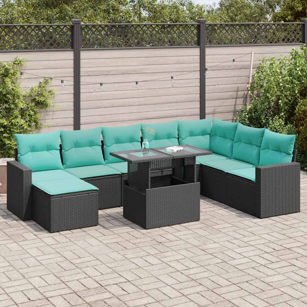 vidaXL 9-tlg. Garten-Sofagarnitur mit Kissen Schwarz Poly Rattan