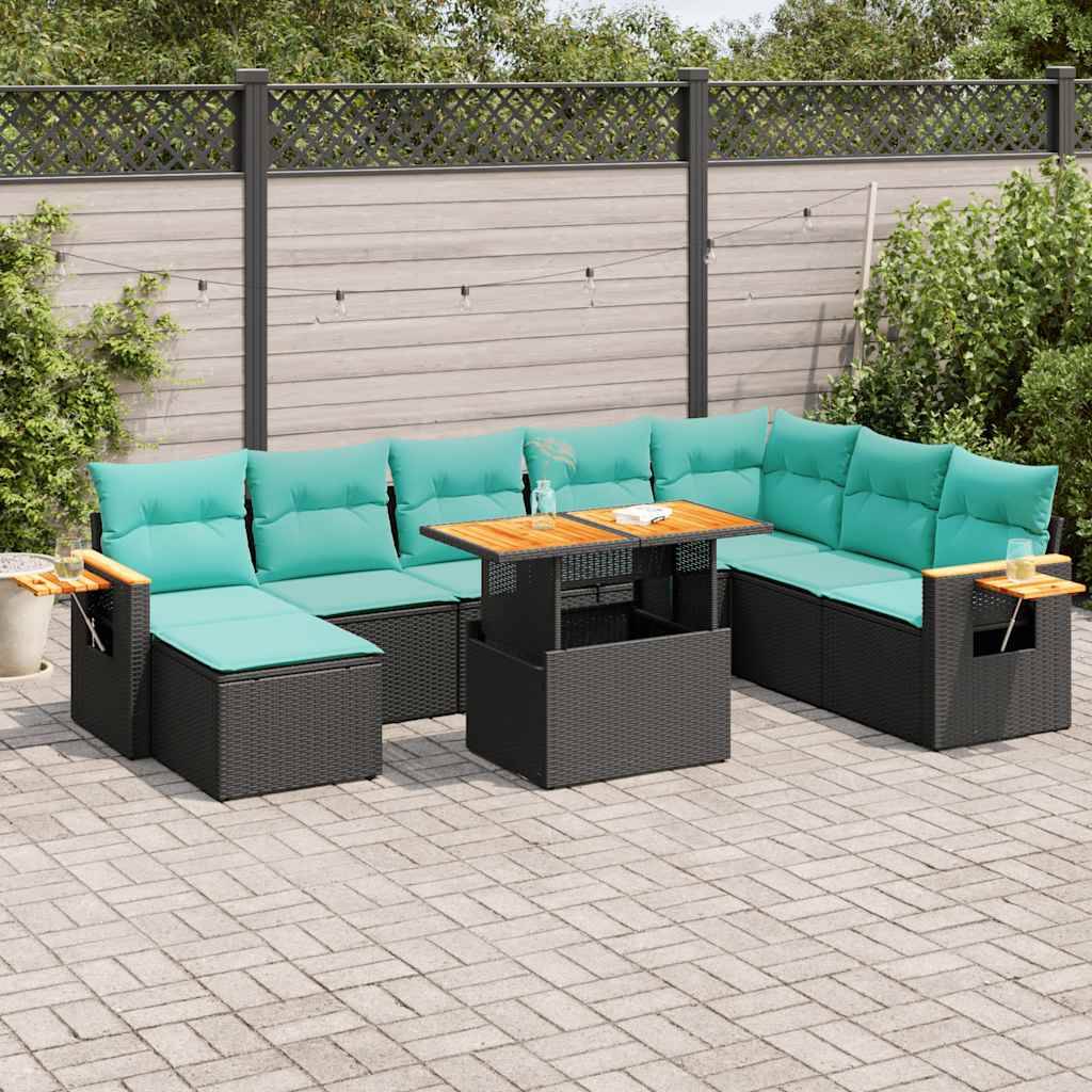 vidaXL 10-tlg. Garten-Sofagarnitur mit Kissen Schwarz Poly Rattan
