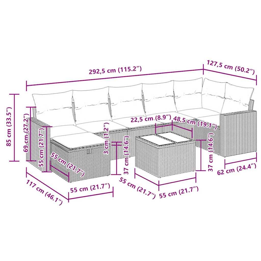 vidaXL 8-tlg. Garten-Sofagarnitur mit Kissen Schwarz Poly Rattan