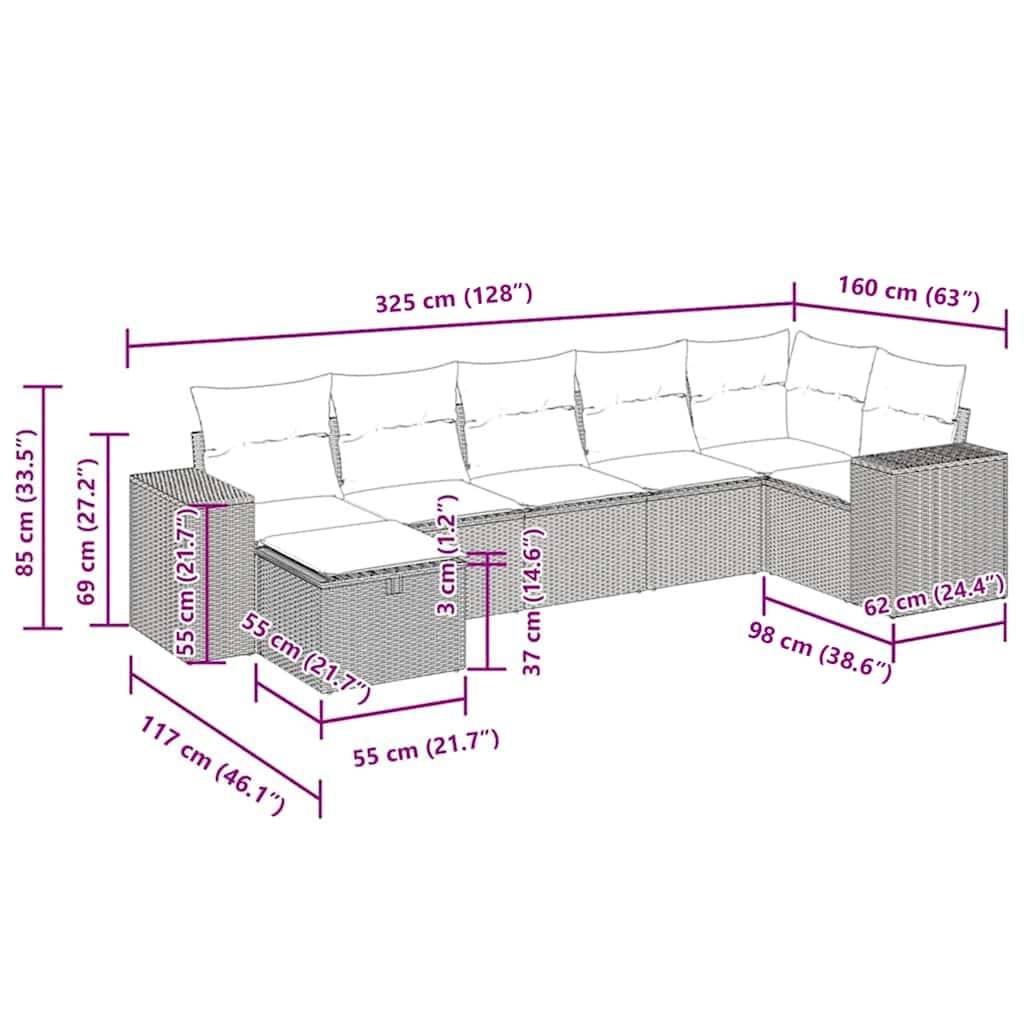 vidaXL 7-tlg. Garten-Sofagarnitur mit Kissen Schwarz Poly Rattan