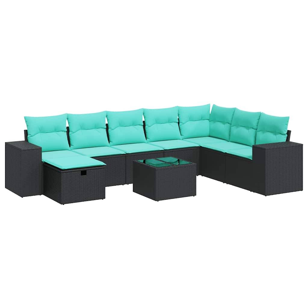 vidaXL 9-tlg. Garten-Sofagarnitur mit Kissen Schwarz Poly Rattan