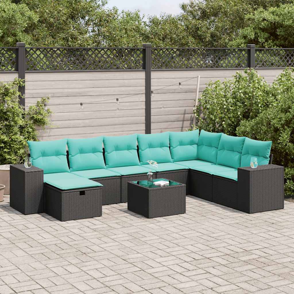vidaXL 9-tlg. Garten-Sofagarnitur mit Kissen Schwarz Poly Rattan