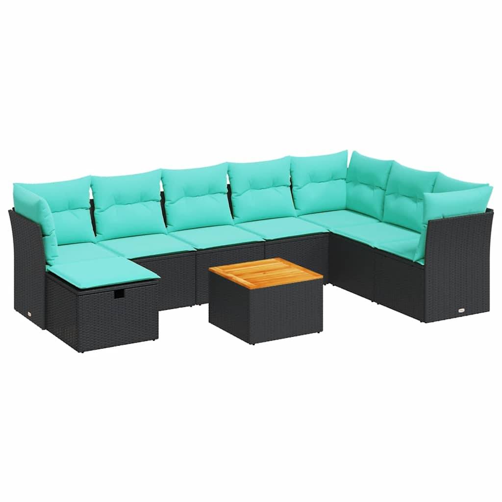 vidaXL 9-tlg. Garten-Sofagarnitur mit Kissen Schwarz Poly Rattan
