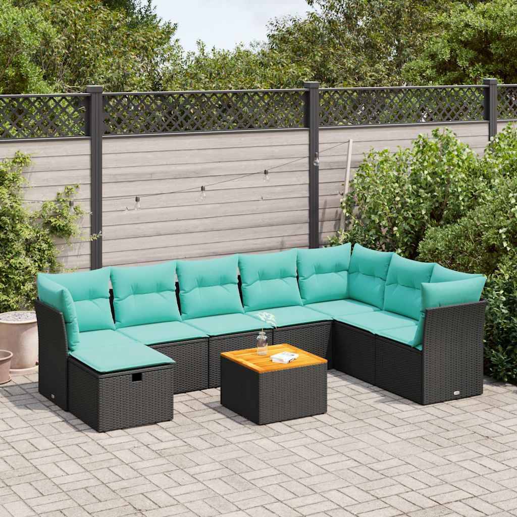 vidaXL 9-tlg. Garten-Sofagarnitur mit Kissen Schwarz Poly Rattan