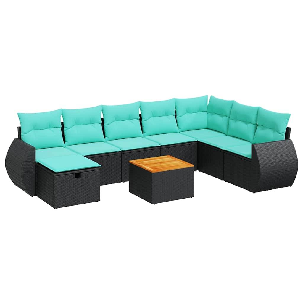 vidaXL 9-tlg. Garten-Sofagarnitur mit Kissen Schwarz Poly Rattan