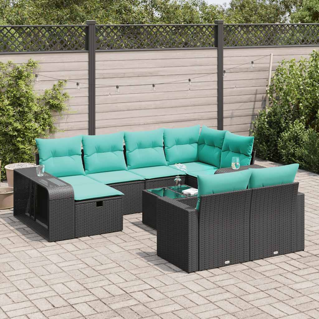 vidaXL 11-tlg. Garten-Sofagarnitur mit Kissen Schwarz Poly Rattan