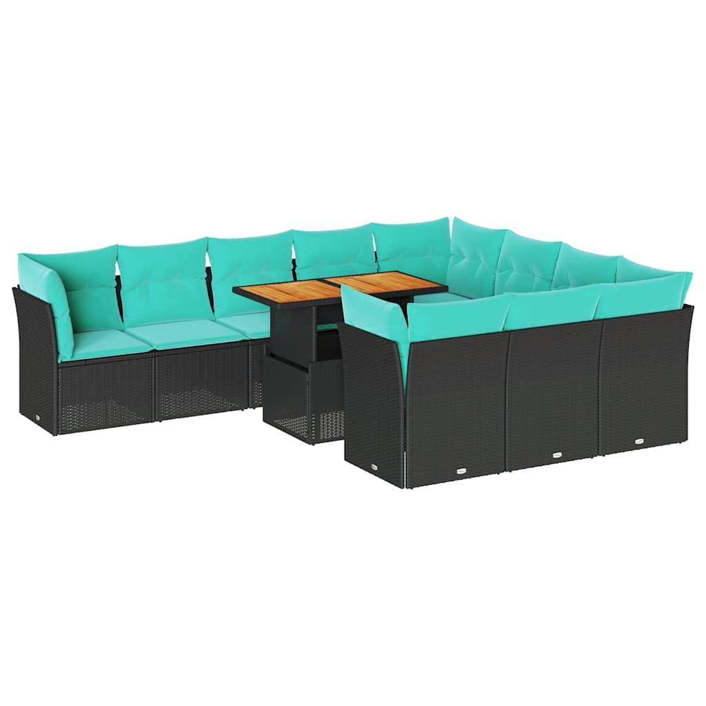 vidaXL 11-tlg. Garten-Sofagarnitur mit Kissen Schwarz Poly Rattan
