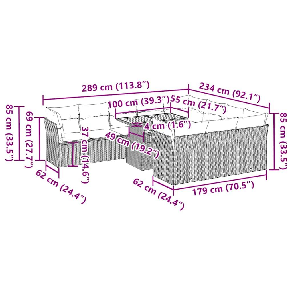 vidaXL 11-tlg. Garten-Sofagarnitur mit Kissen Schwarz Poly Rattan