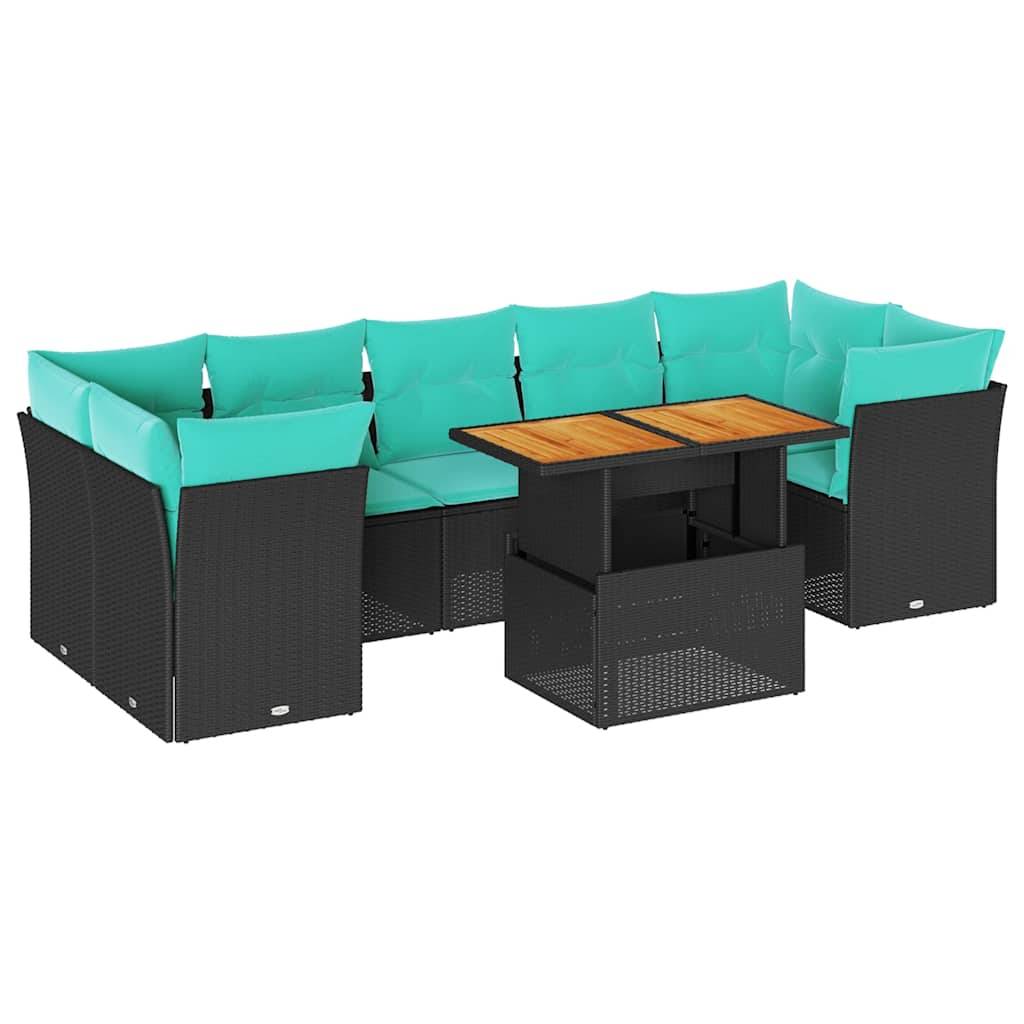 vidaXL 8-tlg. Garten-Sofagarnitur mit Kissen Schwarz Poly Rattan