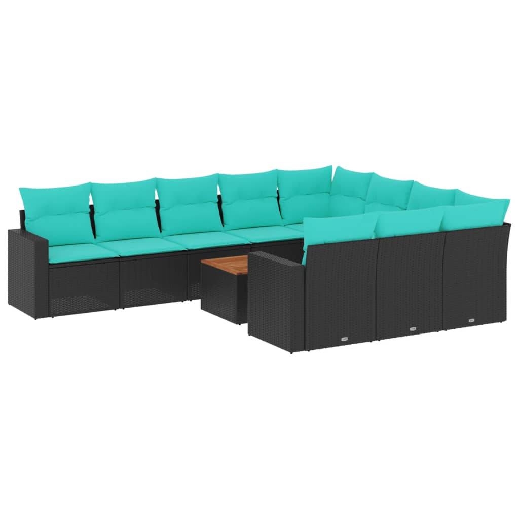 vidaXL 11-tlg. Garten-Sofagarnitur mit Kissen Schwarz Poly Rattan