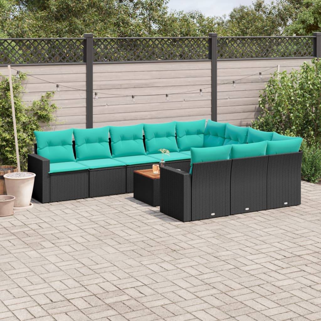 vidaXL 11-tlg. Garten-Sofagarnitur mit Kissen Schwarz Poly Rattan
