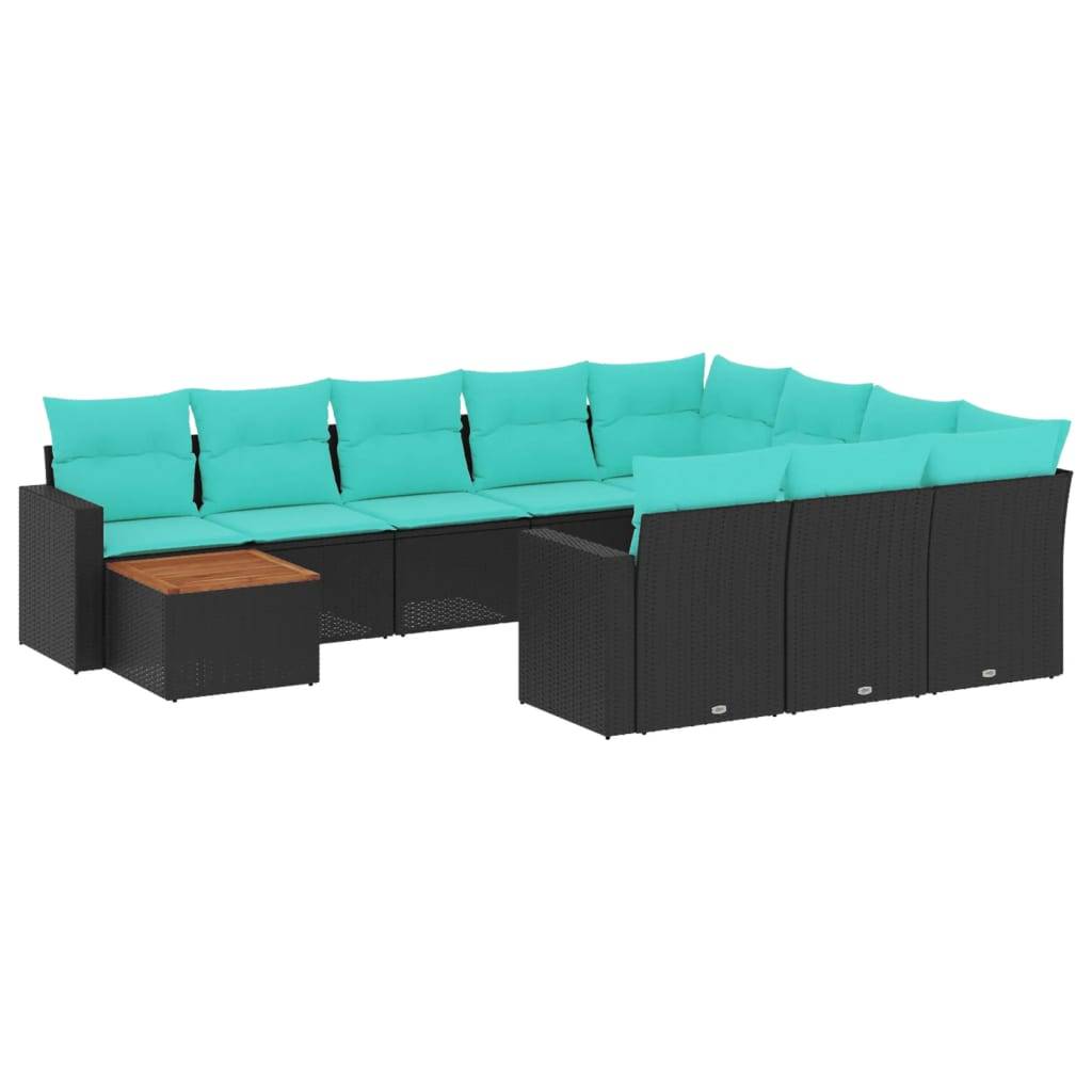 vidaXL 11-tlg. Garten-Sofagarnitur mit Kissen Schwarz Poly Rattan
