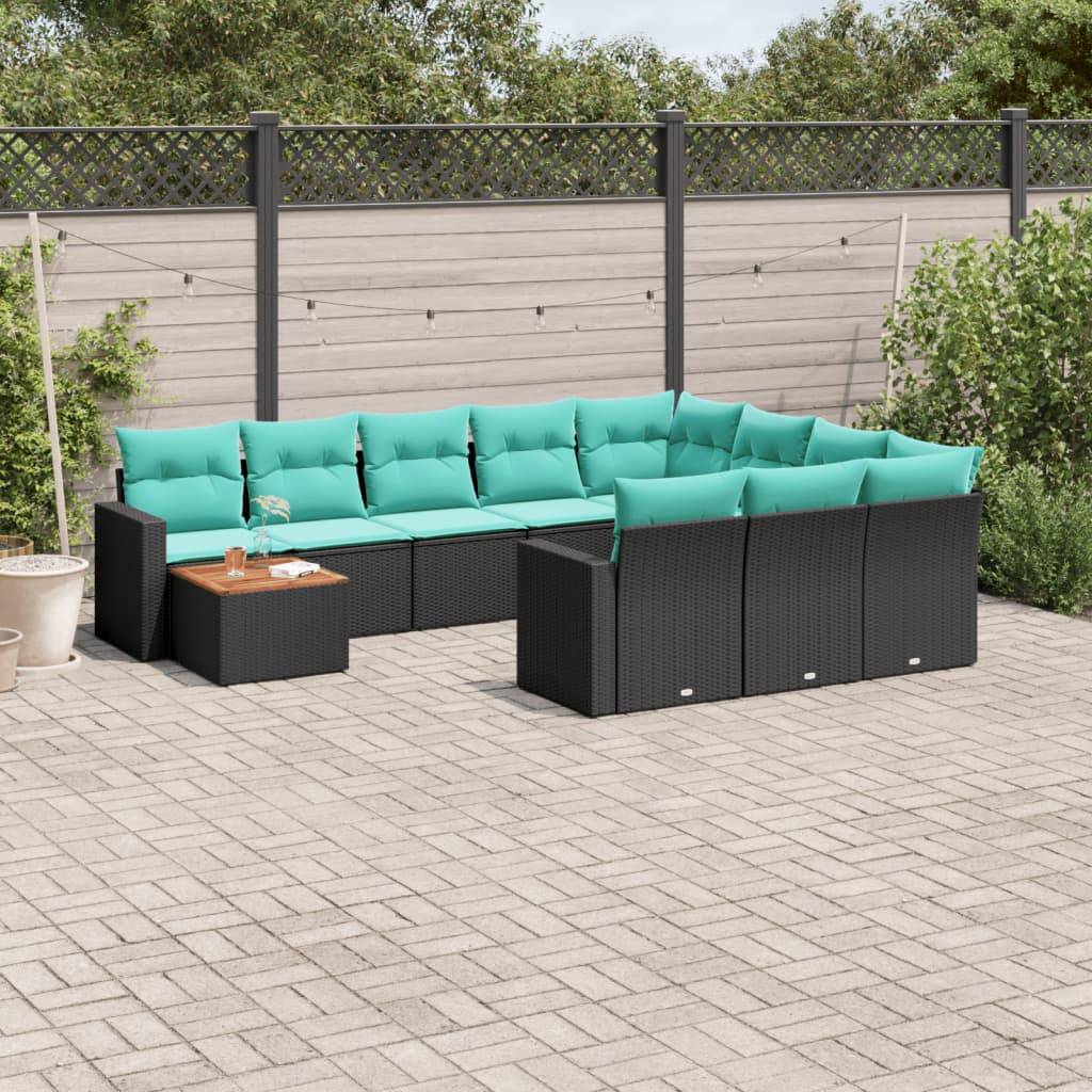 vidaXL 11-tlg. Garten-Sofagarnitur mit Kissen Schwarz Poly Rattan