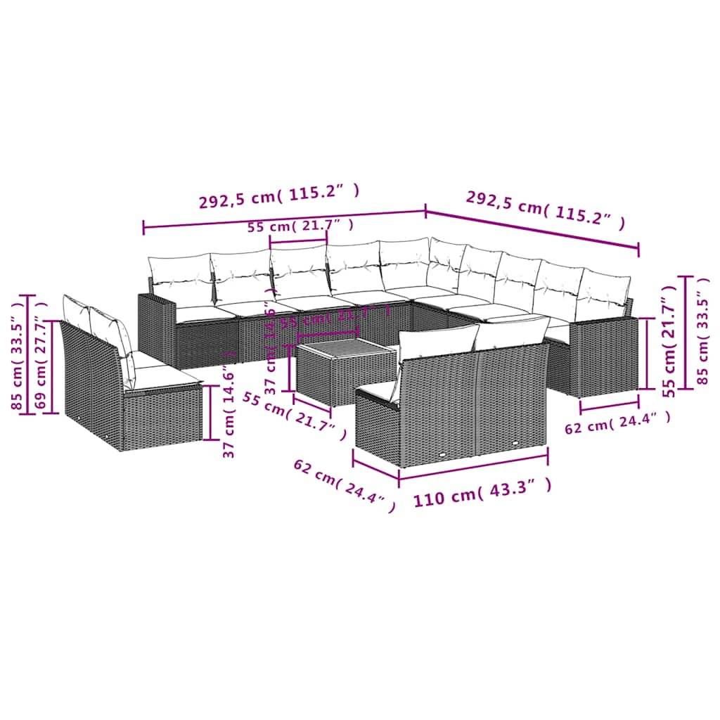 vidaXL 14-tlg. Garten-Sofagarnitur mit Kissen Schwarz Poly Rattan