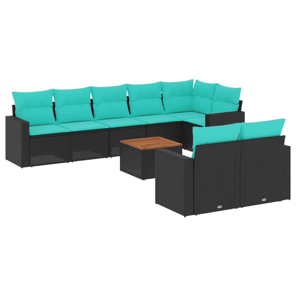 vidaXL 9-tlg. Garten-Sofagarnitur mit Kissen Schwarz Poly Rattan