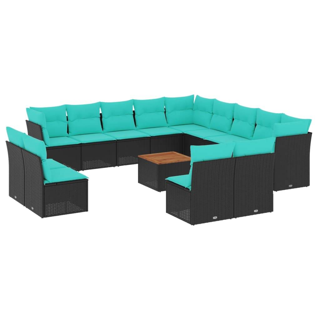 vidaXL 14-tlg. Garten-Sofagarnitur mit Kissen Schwarz Poly Rattan