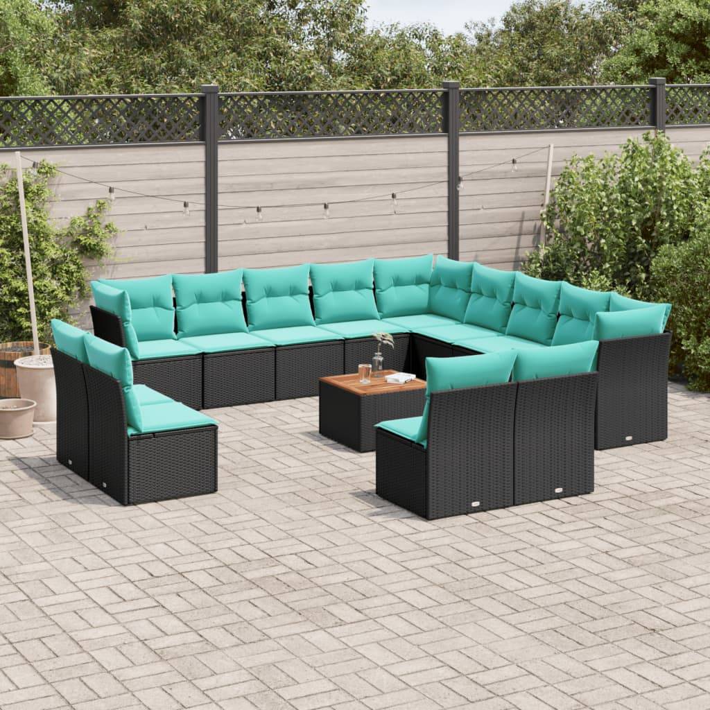 vidaXL 14-tlg. Garten-Sofagarnitur mit Kissen Schwarz Poly Rattan
