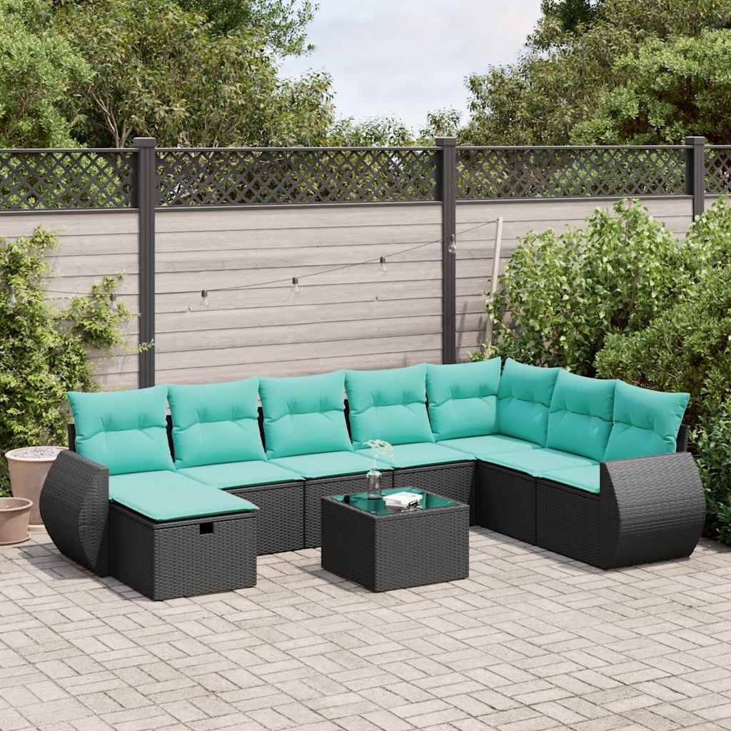 vidaXL 9-tlg. Garten-Sofagarnitur mit Kissen Schwarz Poly Rattan