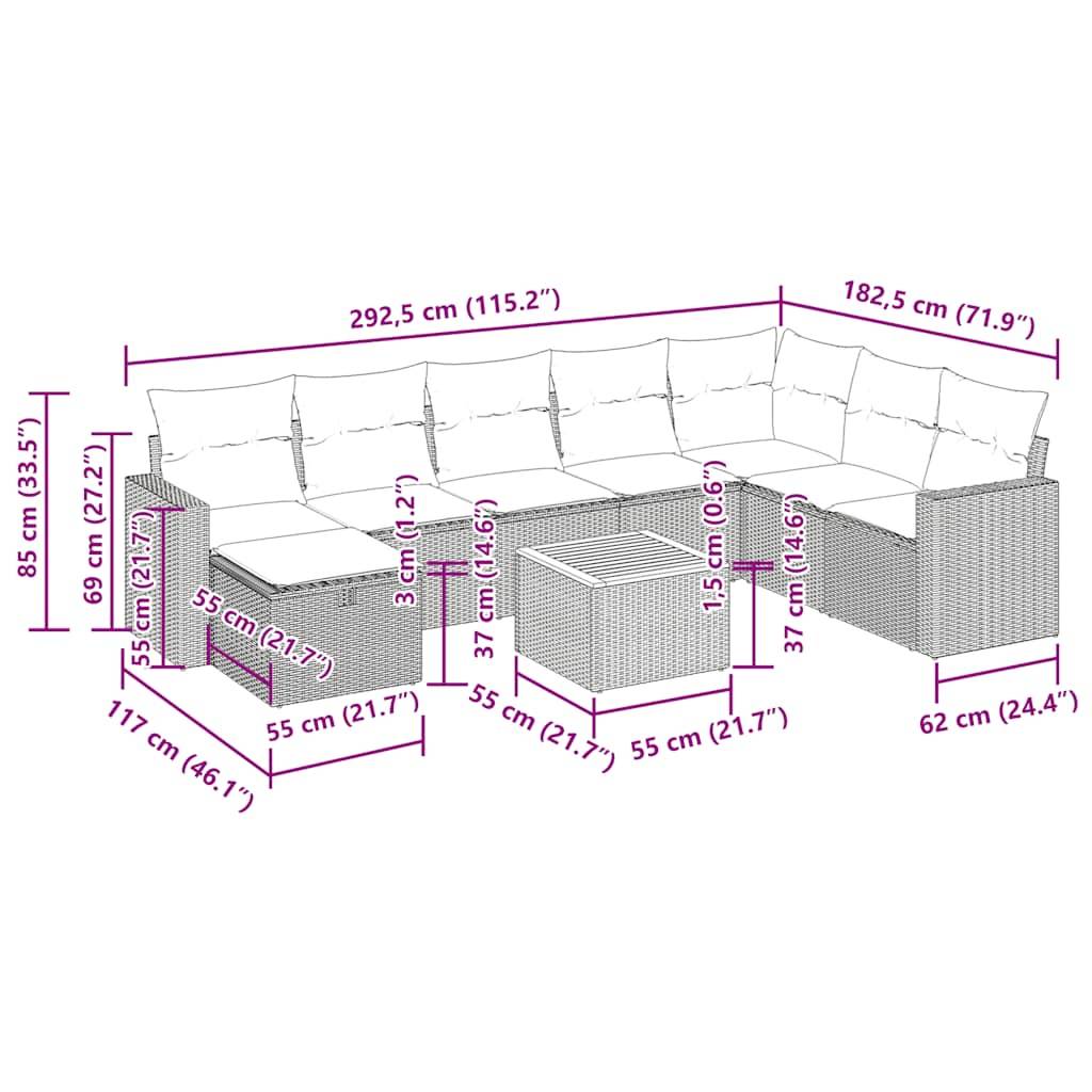 vidaXL 9-tlg. Garten-Sofagarnitur mit Kissen Schwarz Poly Rattan