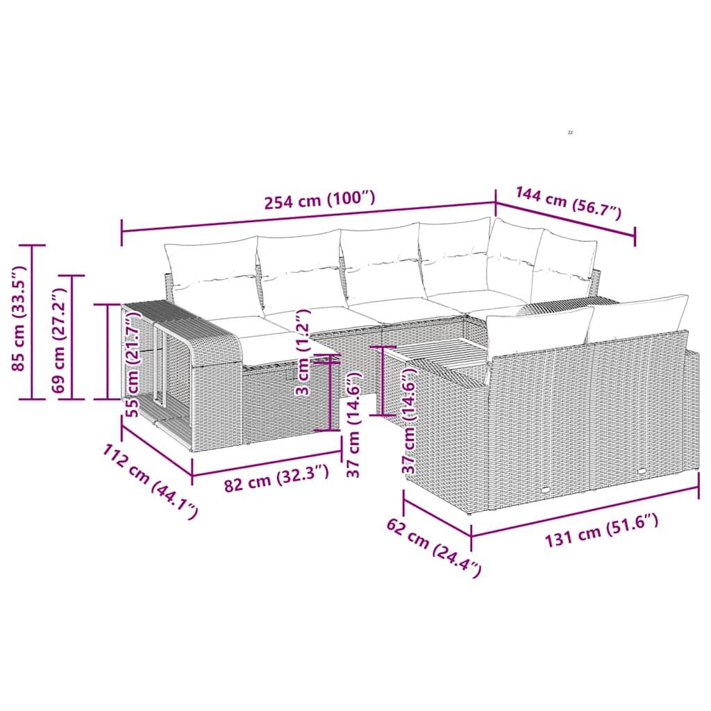 vidaXL 11-tlg. Garten-Sofagarnitur mit Kissen Schwarz Poly Rattan