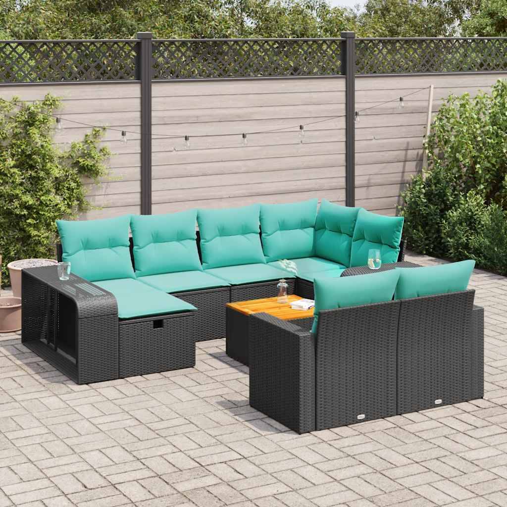 vidaXL 11-tlg. Garten-Sofagarnitur mit Kissen Schwarz Poly Rattan