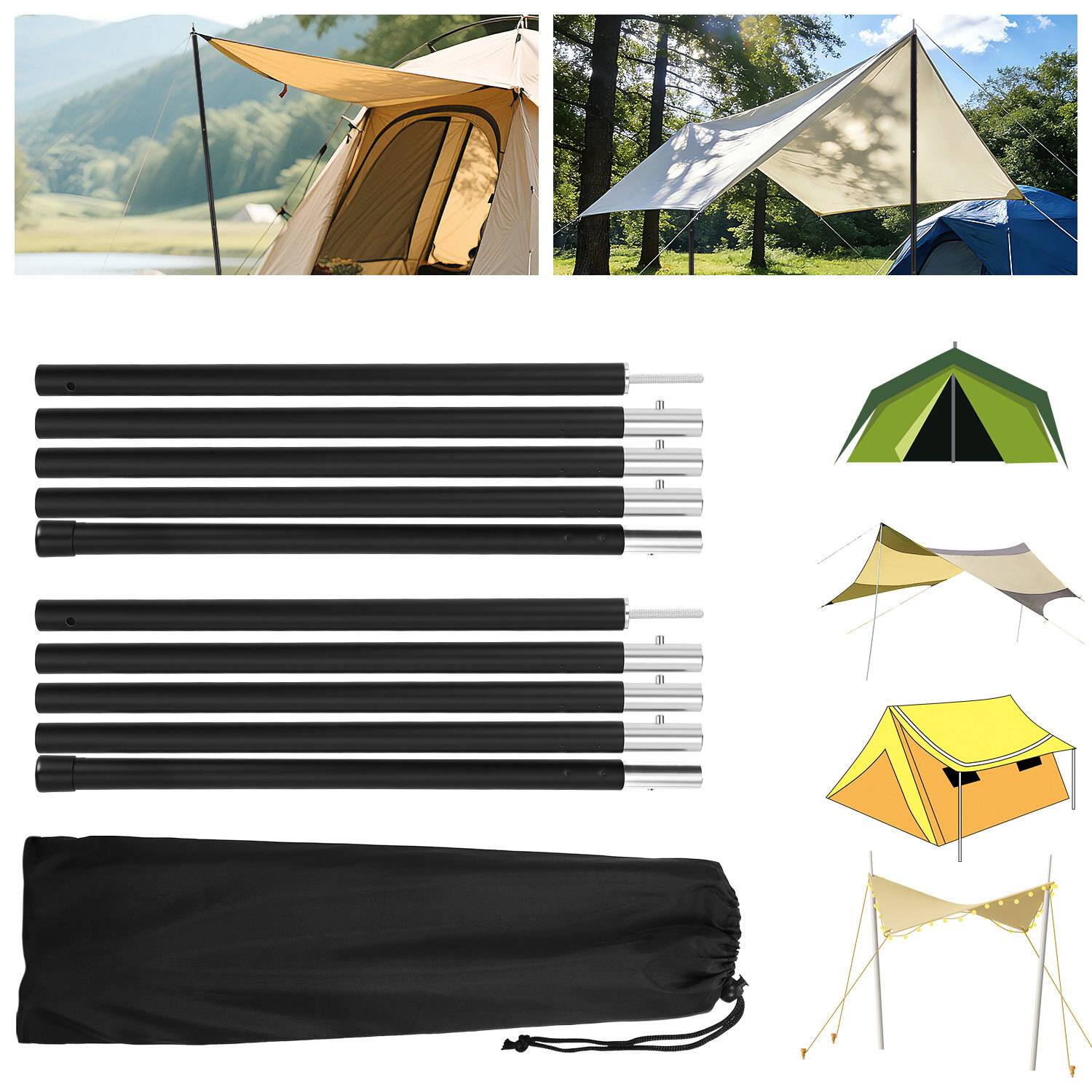 4pcs Zeltstangen 2m Schwarz Tarpstange Sonnensegel Stange Alu Aufstellstangen
