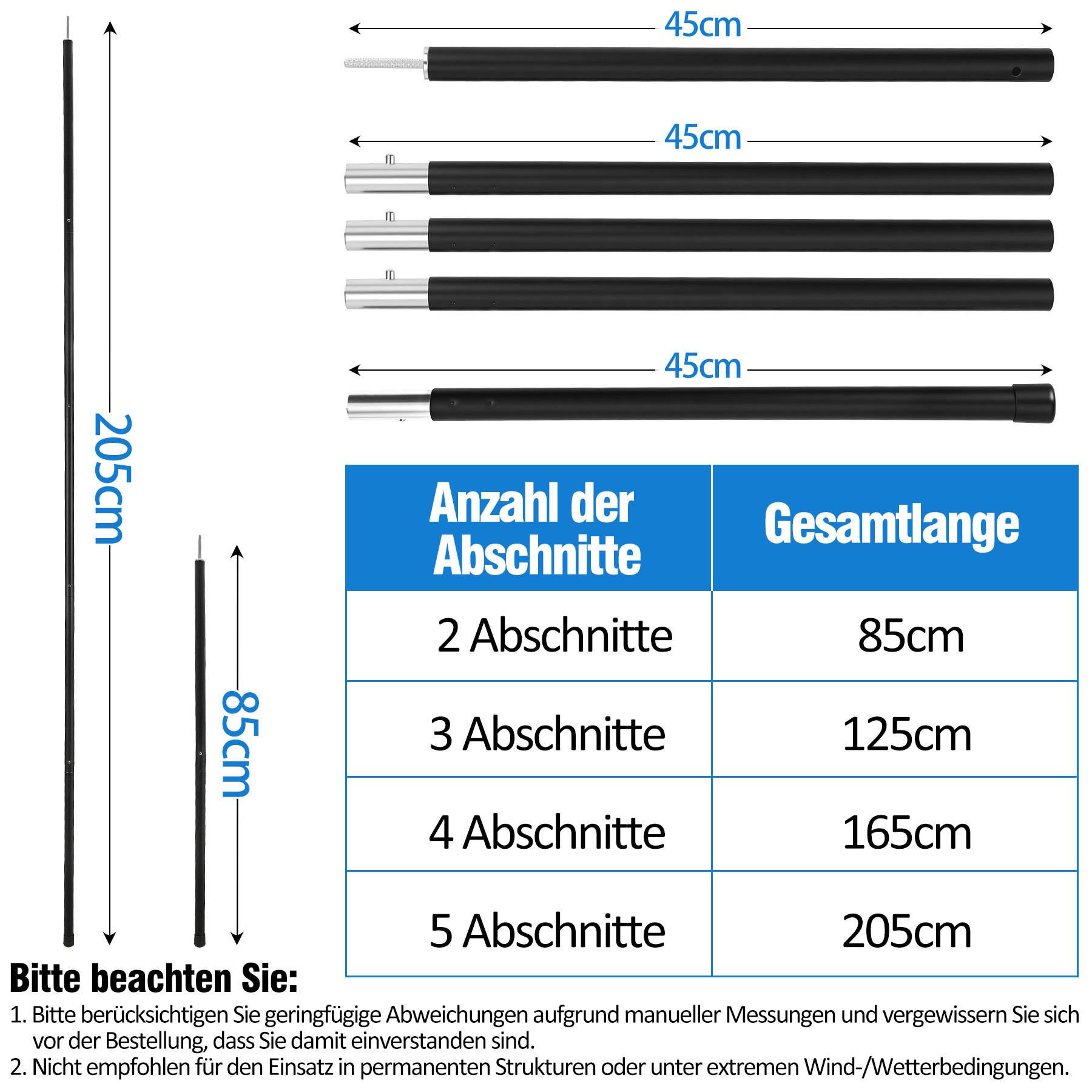 2pcs Zeltstangen 2m Schwarz Tarpstange Sonnensegel Stange Alu Aufstellstangen