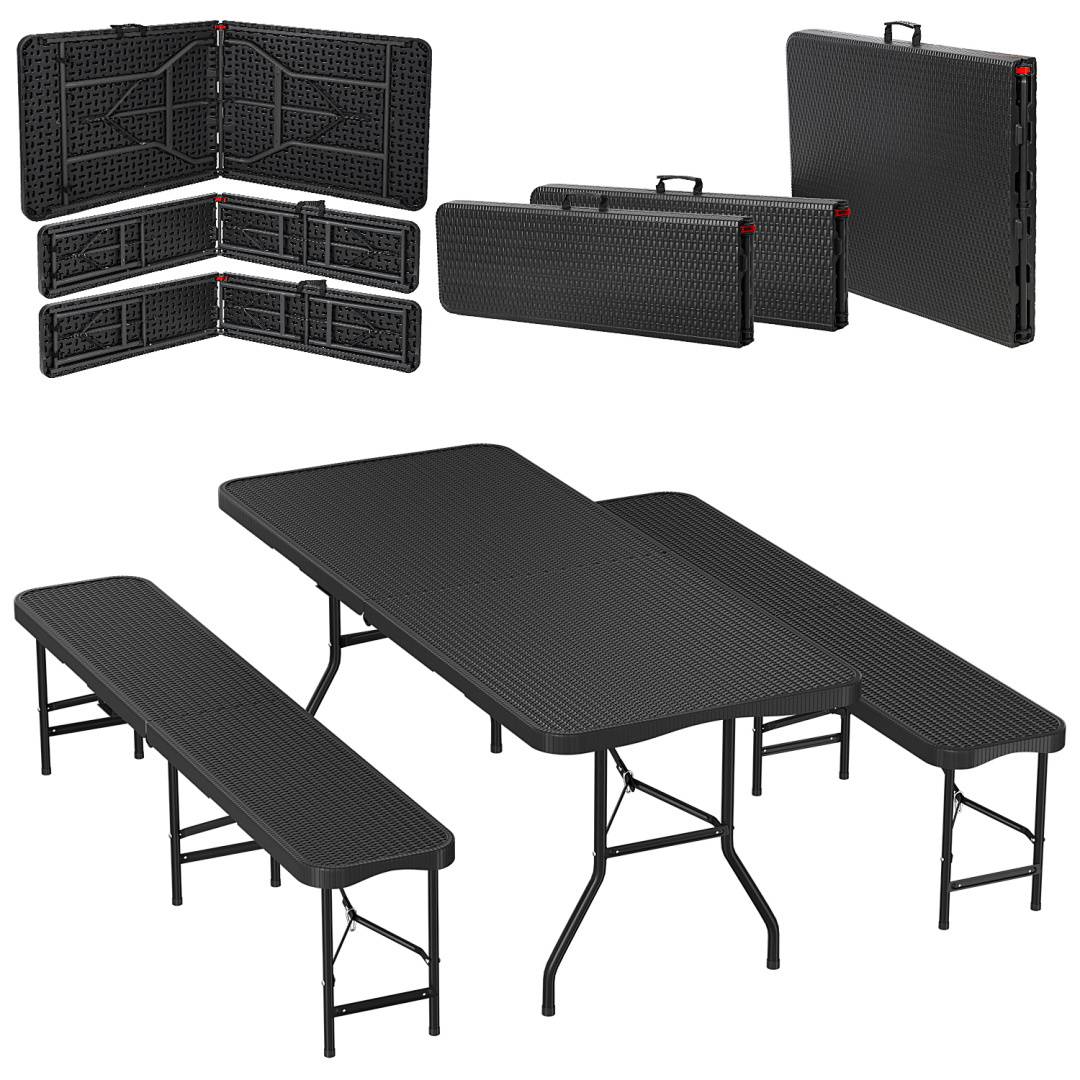 Bierzeltgarnitur 3-tlg., Tisch+2 Bänke, klappbar, Rattan-Look Schwarz – 180 x 74 x 74 cm – Gartenmöbel-Set Festzeltgarnitur Sitzgarnitur