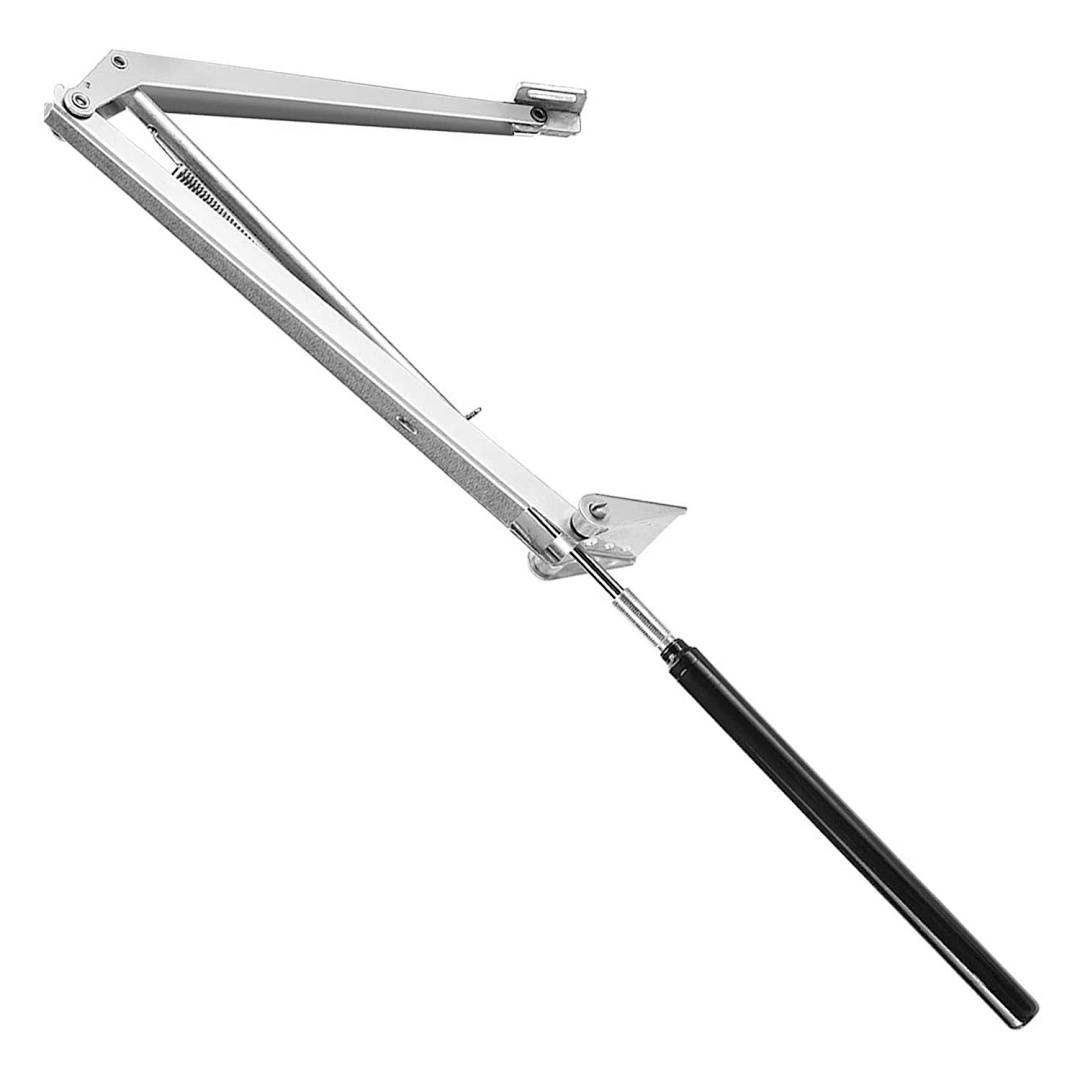 Metallisches Fensterhaltergerät mit Scharnieramen und schwarzem Griff zum Öffnen und Stützen eines Fensterflügels.