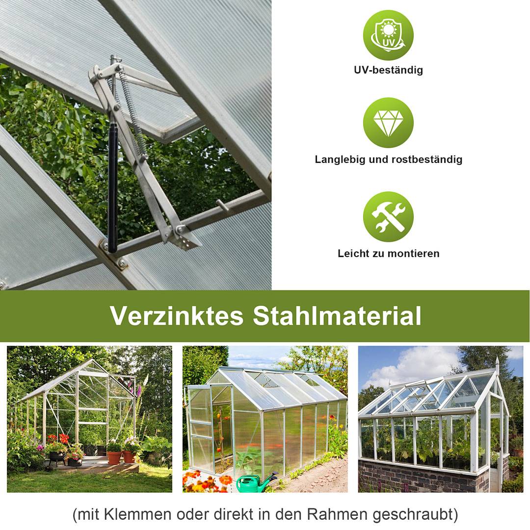 Werbebild eines Gewächshauses mit verzinktem Stahlrahmen, das UV-Beständigkeit, Langlebigkeit, Rostbeständigkeit und einfache Montage hervorhebt; drei Gewächshausbeispiele werden gezeigt.