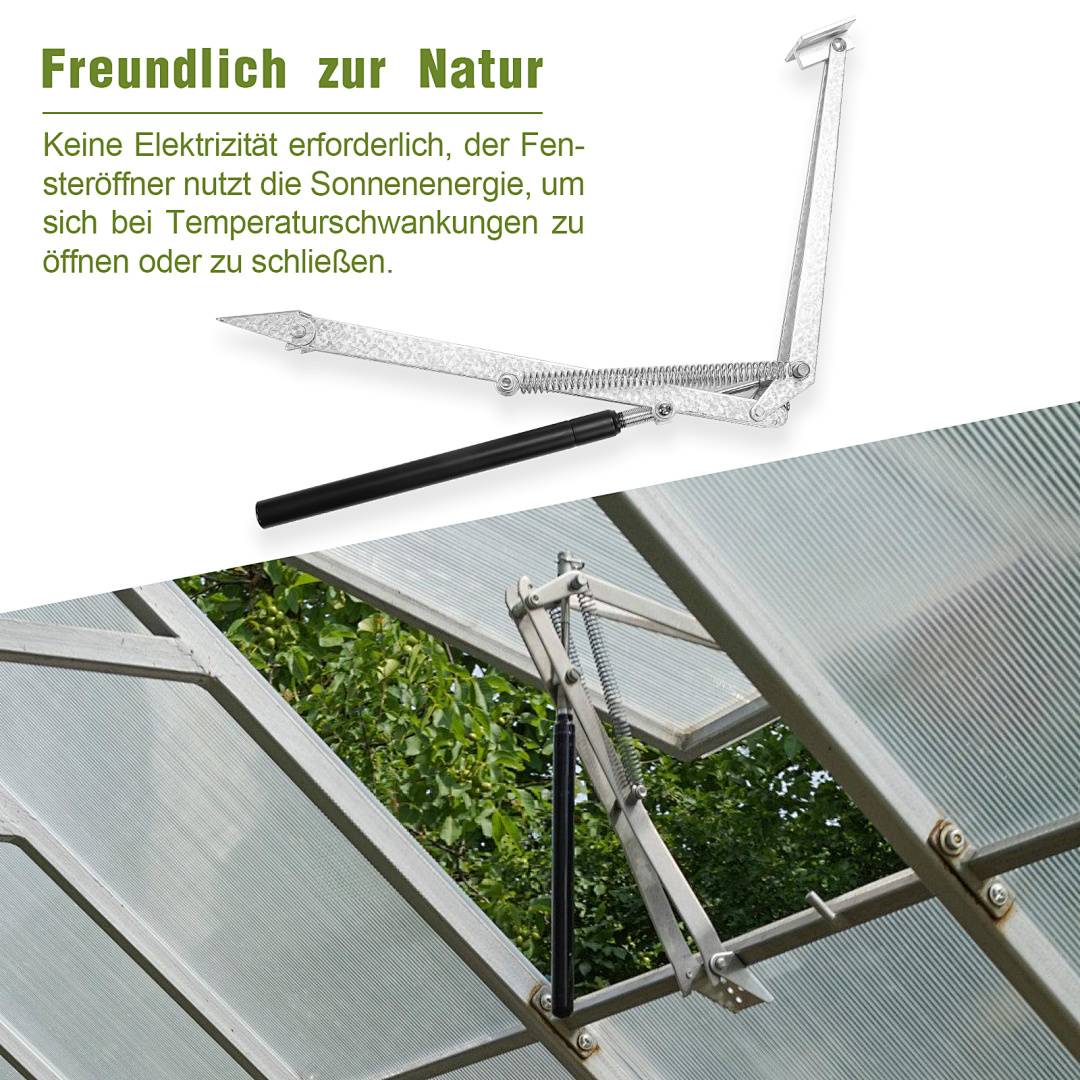 Automatischer Fensteröffner mit Solarpanel, der in der Nahaufnahme und installiert auf einem Gewächshausdach gezeigt wird; der Text besagt, dass keine Stromversorgung erforderlich ist und sich das Fenster bei Temperaturänderungen öffnet oder schließt.
