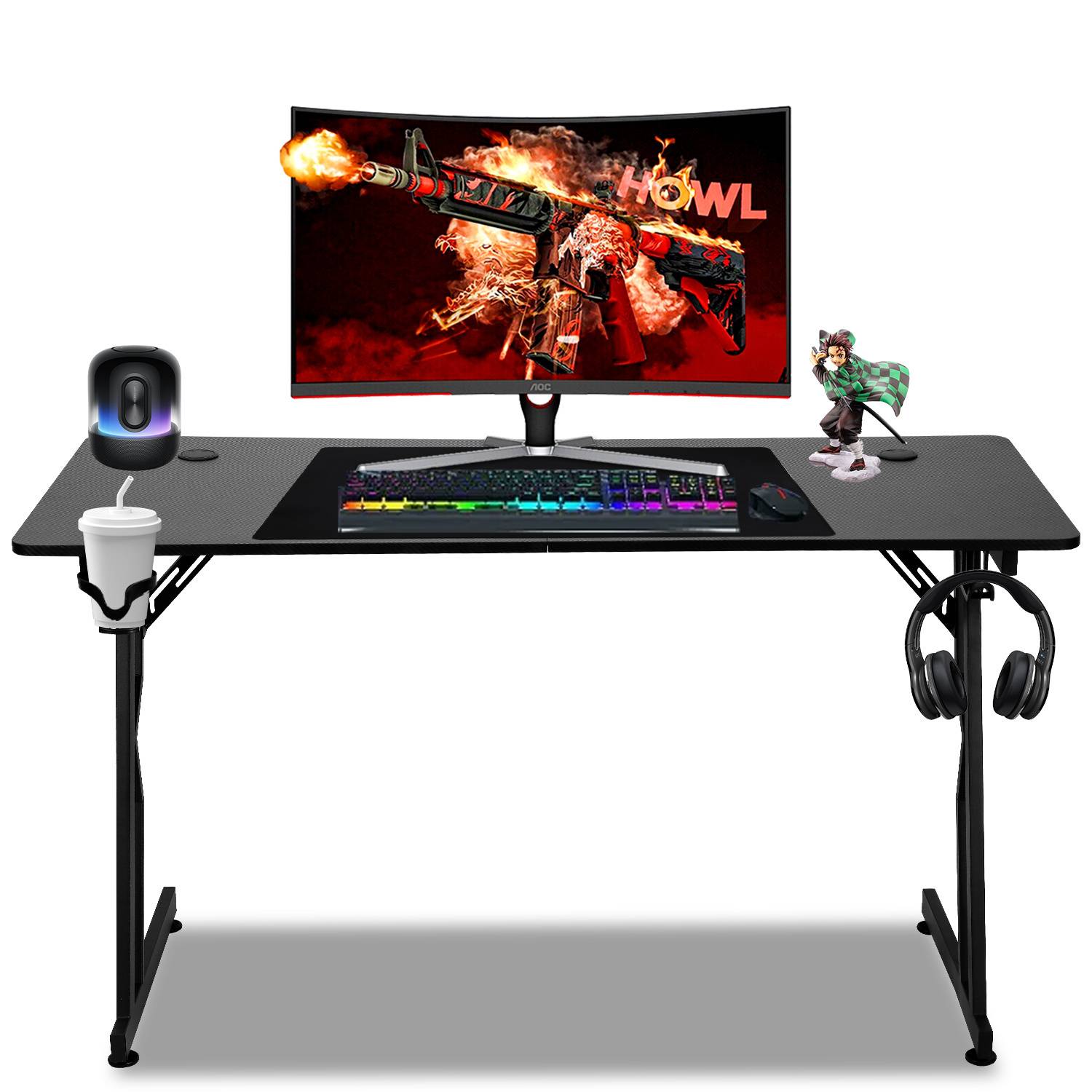 Gaming Tisch 120x60cm höhenverstellbar Mauspad, Headset- & Becherhalter, Kabeldurchlass