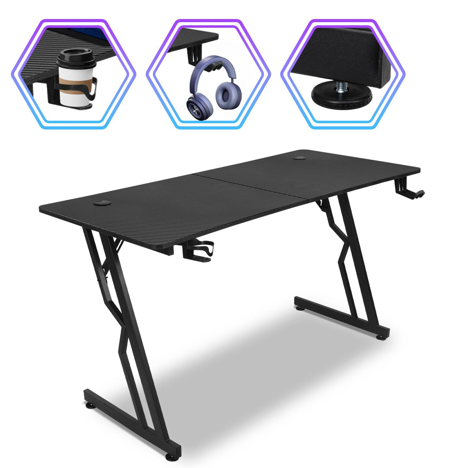 Gaming Tisch 140x60cm höhenverstellbar Mauspad, Headset- & Becherhalter, Kabeldurchlass