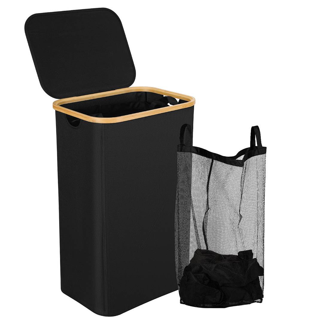 Wäschekorb mit Deckel 100L, Faltbarer Wäschesammler mit herausnehmbarem Wäschesack, Wäschebox Wäschetruhe, Schwarz