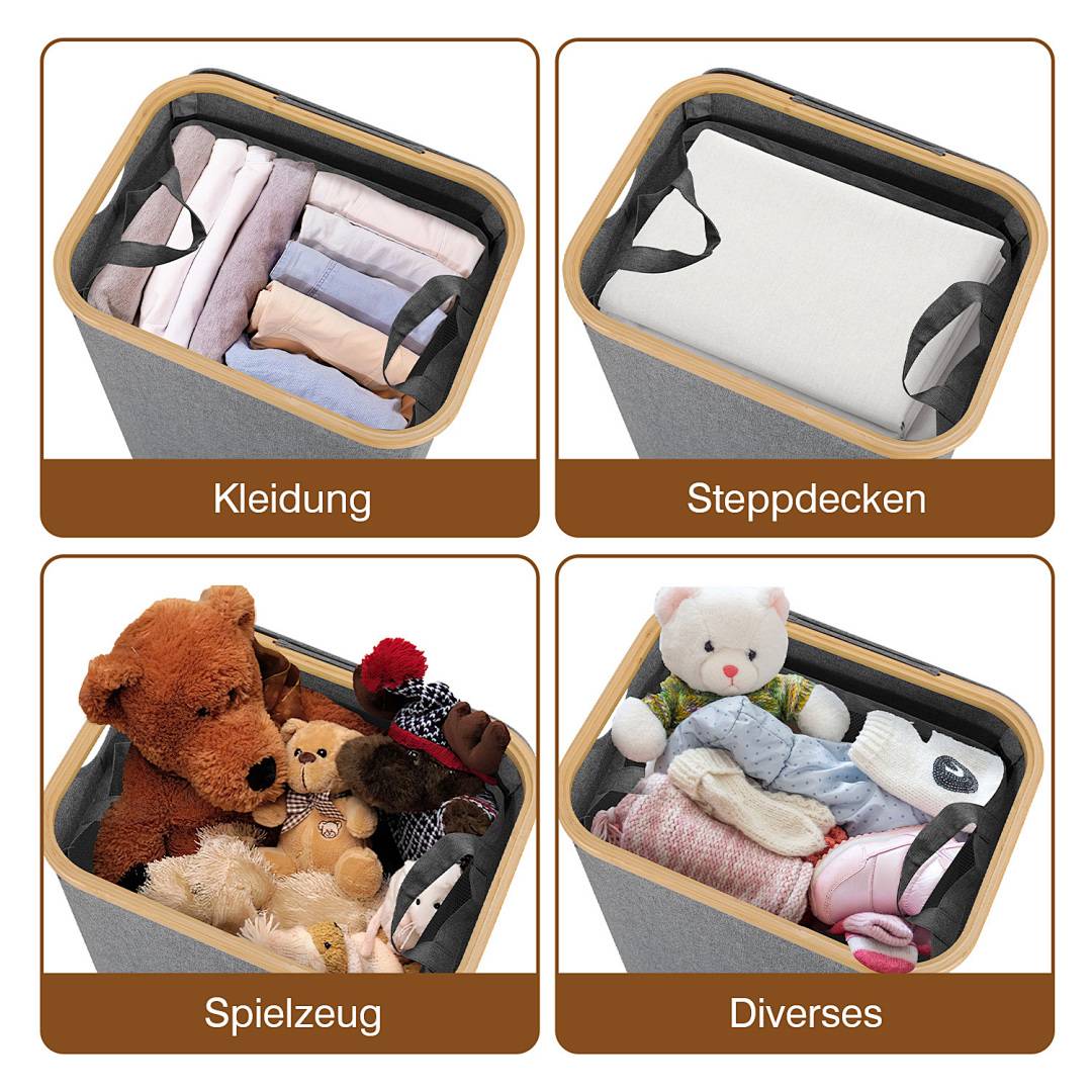 Vier Lagerbehälter zeigen Organisationsbeispiele für Kleidung, Bettwäsche, Spielzeug und sonstige Gegenstände, beschriftet mit „Kleidung", „Steppdecken"", „Spielzeug"" und „Diverses"".