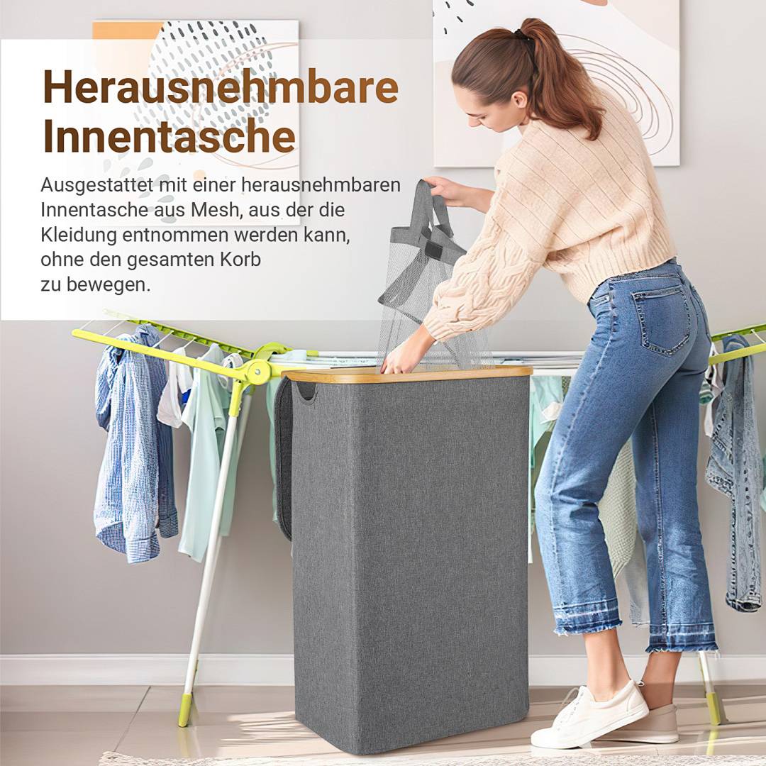 Frau entnimmt Wäsche aus einem Wäschekorb mit einer abnehmbaren Mascheninnentasche; deutscher Text bezeichnet sie als „Herausnehmbare Innentasche" und erklärt, dass der Einsatz herausgehoben werden kann, ohne den ganzen Korb zu bewegen.