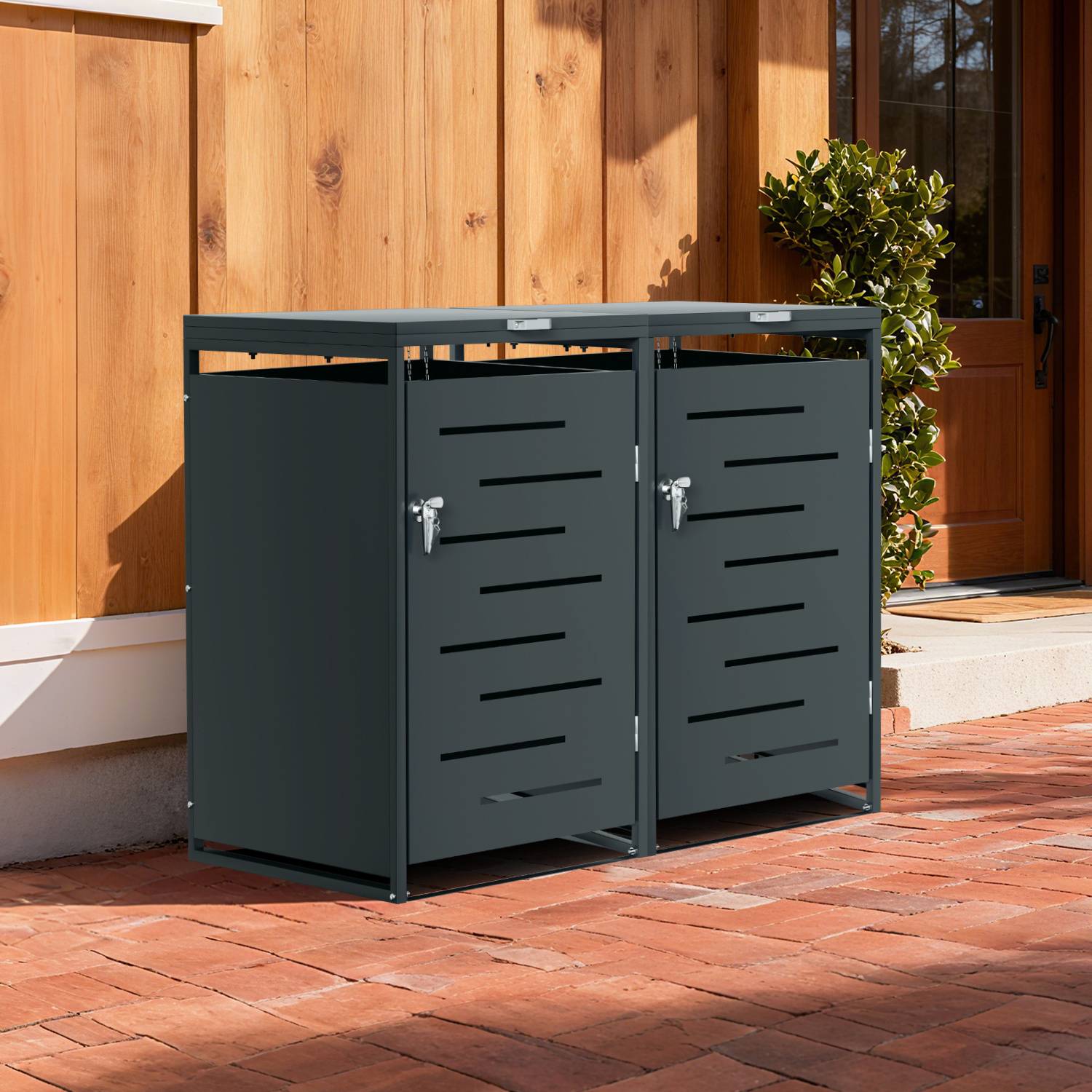 Mülltonnenbox 2er Set für 120L & 240L Mülltonnen, Edelstahl pulverbeschichtet, wetterfest, mit Gasdruckdämpfer