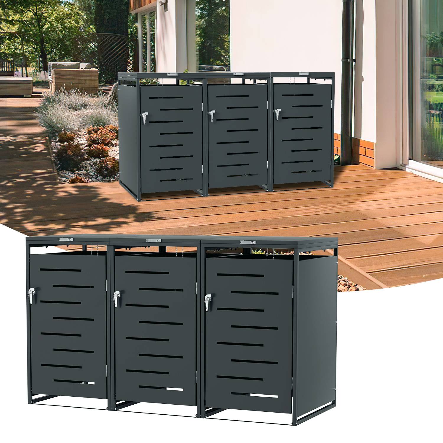 Mülltonnenbox 3er Set für 120L & 240L Mülltonnen, Edelstahl pulverbeschichtet, wetterfest, mit Gasdruckdämpfer