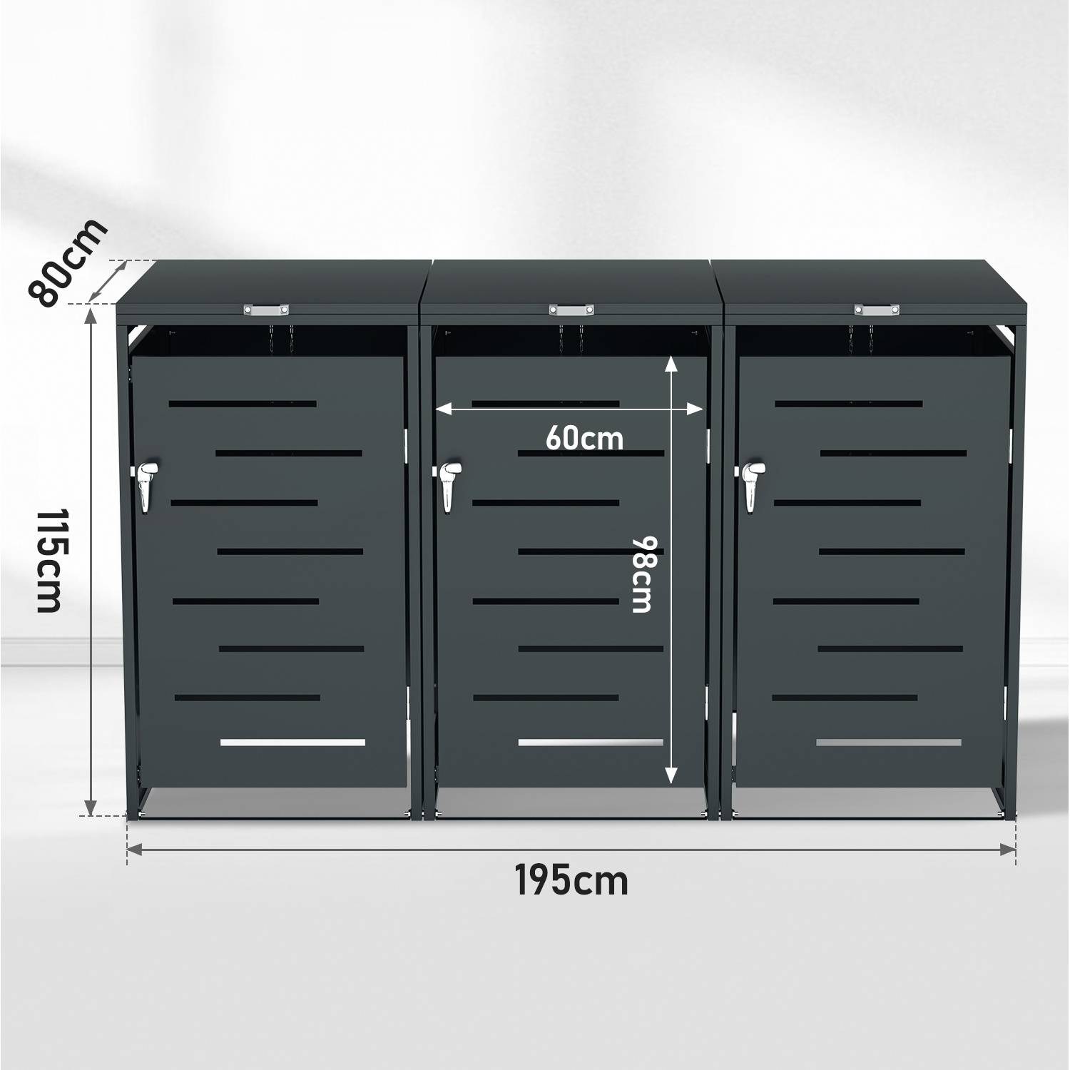 Mülltonnenbox 3er Set für 120L & 240L Mülltonnen, Edelstahl pulverbeschichtet, wetterfest, mit Gasdruckdämpfer