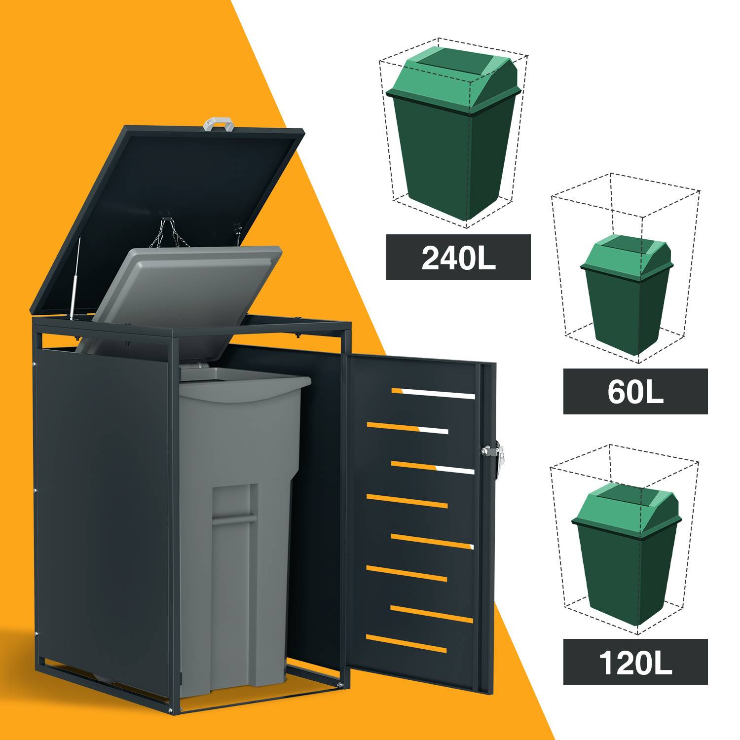 Mülltonnenbox 3er Set für 120L & 240L Mülltonnen, Edelstahl pulverbeschichtet, wetterfest, mit Gasdruckdämpfer