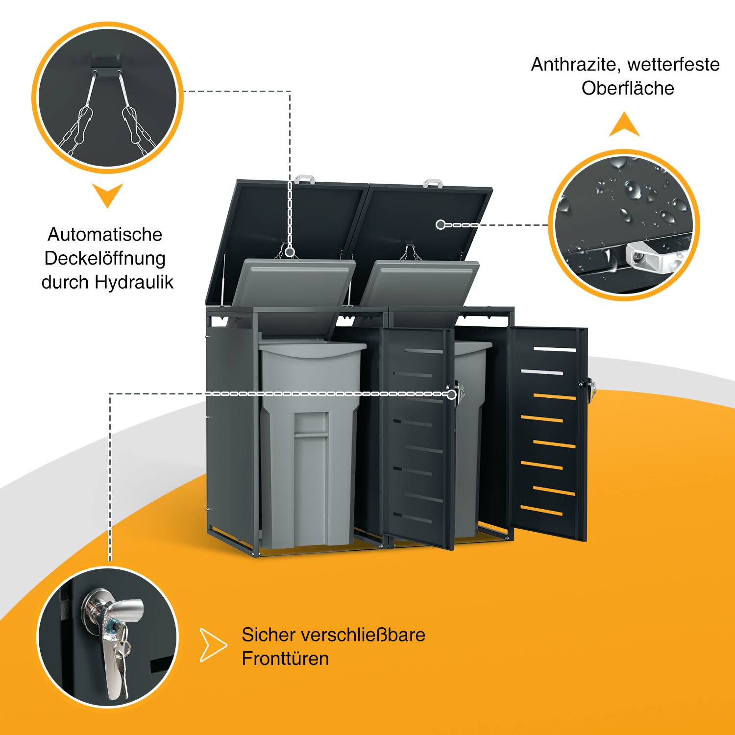 Mülltonnenbox 4er Set für 120L & 240L Mülltonnen, Edelstahl pulverbeschichtet, wetterfest, mit Gasdruckdämpfer