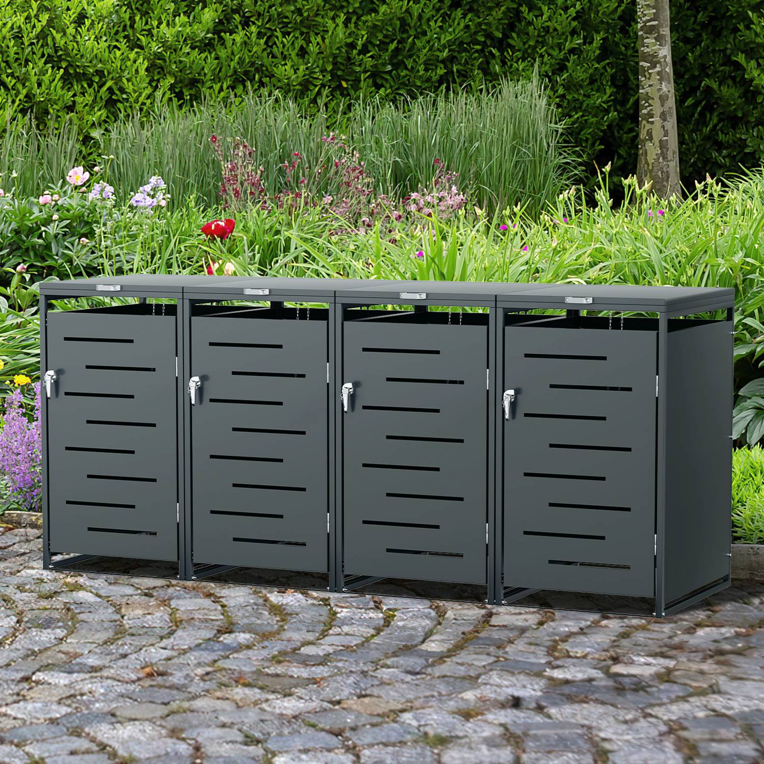 Mülltonnenbox 4er Set für 120L & 240L Mülltonnen, Edelstahl pulverbeschichtet, wetterfest, mit Gasdruckdämpfer