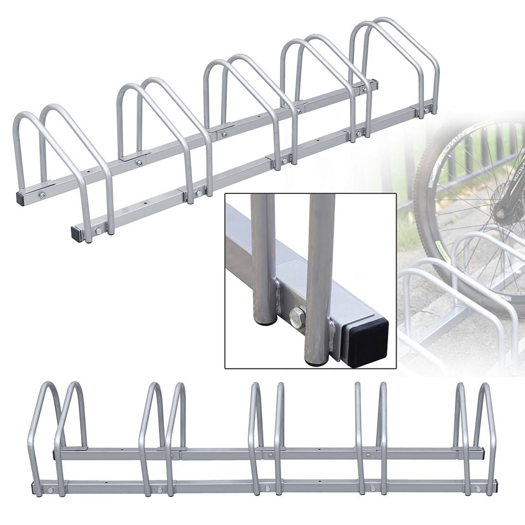 Silbernes Metallfahrradständer mit mehreren U-förmigen Schleifen zum Parken von Fahrrädern, von zwei Blickwinkeln gezeigt mit Nahaufnahme der Montagebasis und Endkappe.