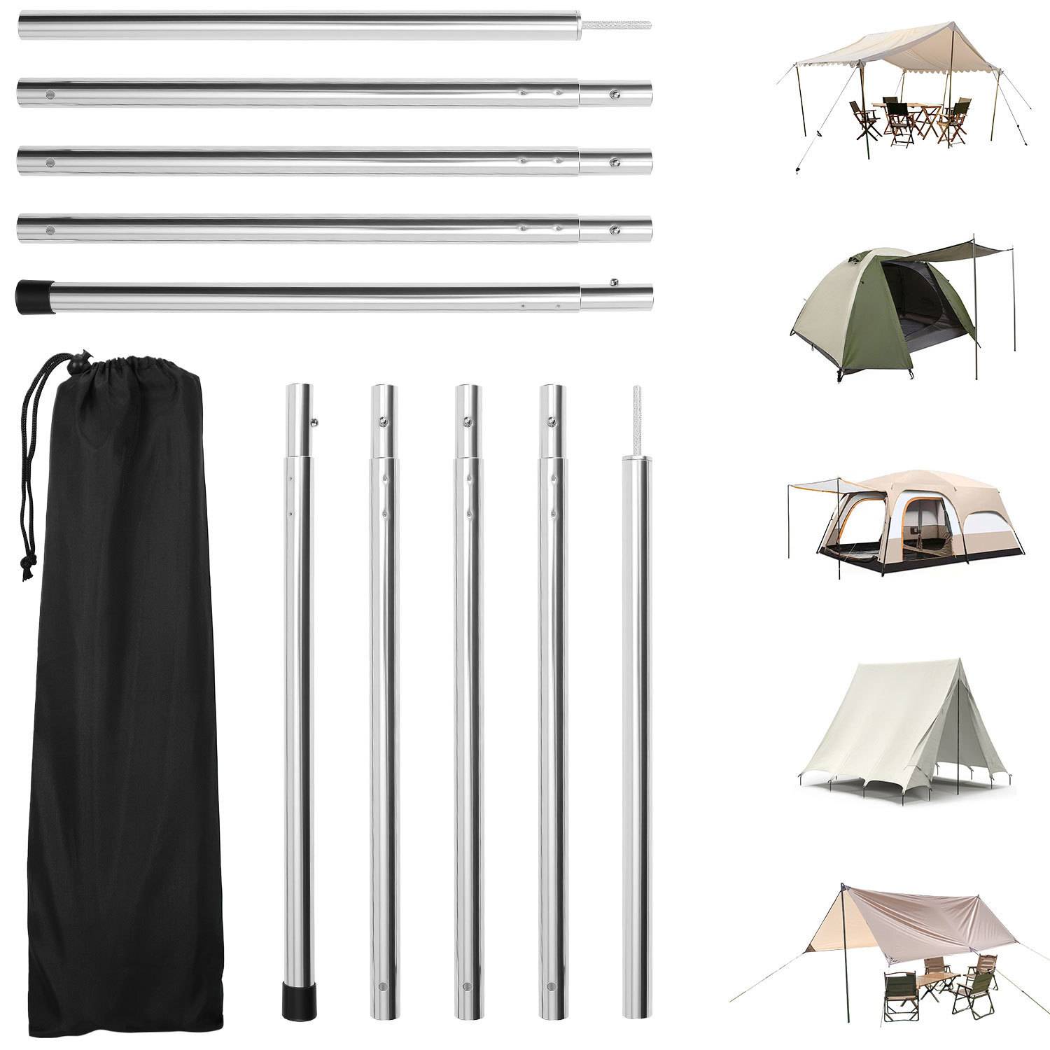 2pcs Zeltstangen 2m Silber Tarpstange Sonnensegel Stange Alu Aufstellstangen