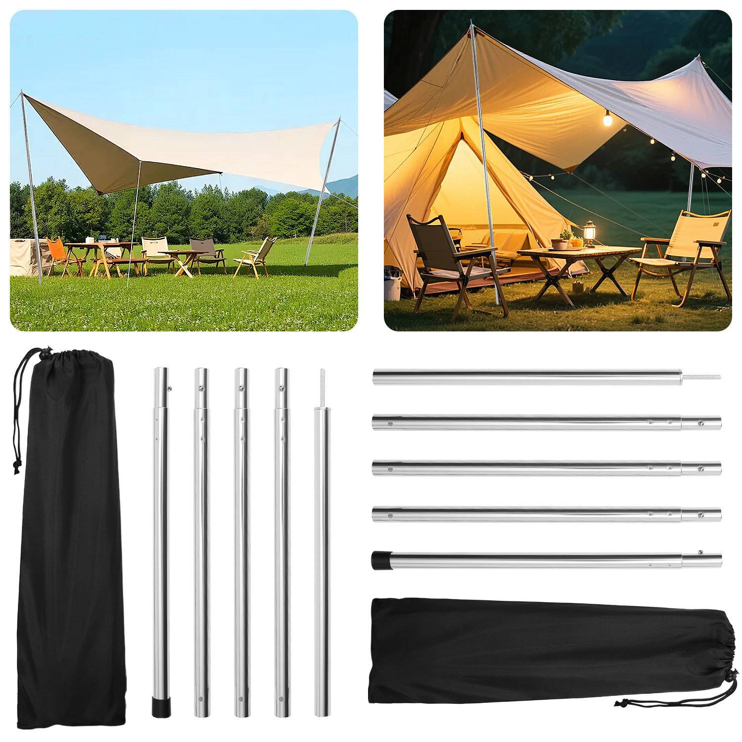 4pcs Zeltstangen 2m Silber Tarpstange Sonnensegel Stange Alu Aufstellstangen