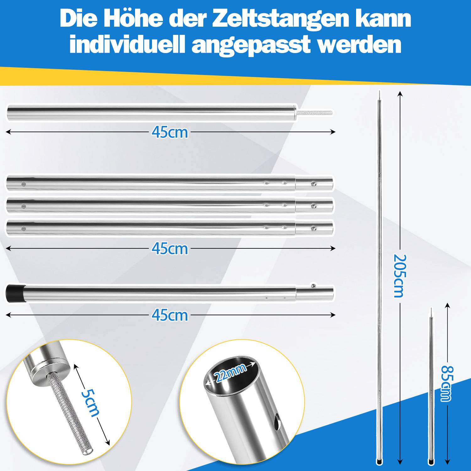 4pcs Zeltstangen 2m Silber Tarpstange Sonnensegel Stange Alu Aufstellstangen