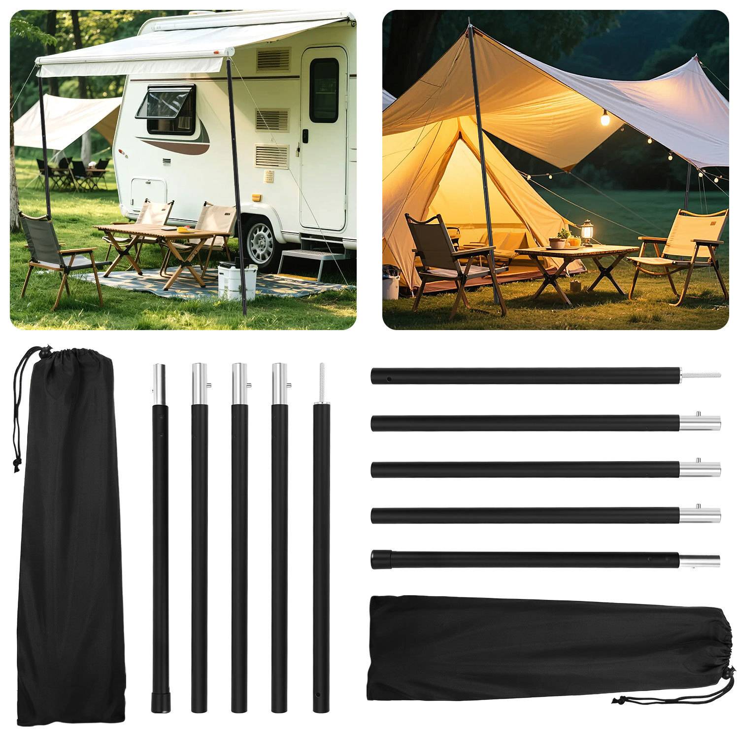 2pcs Zeltstangen 2m Schwarz Tarpstange Sonnensegel Stange Alu Aufstellstangen