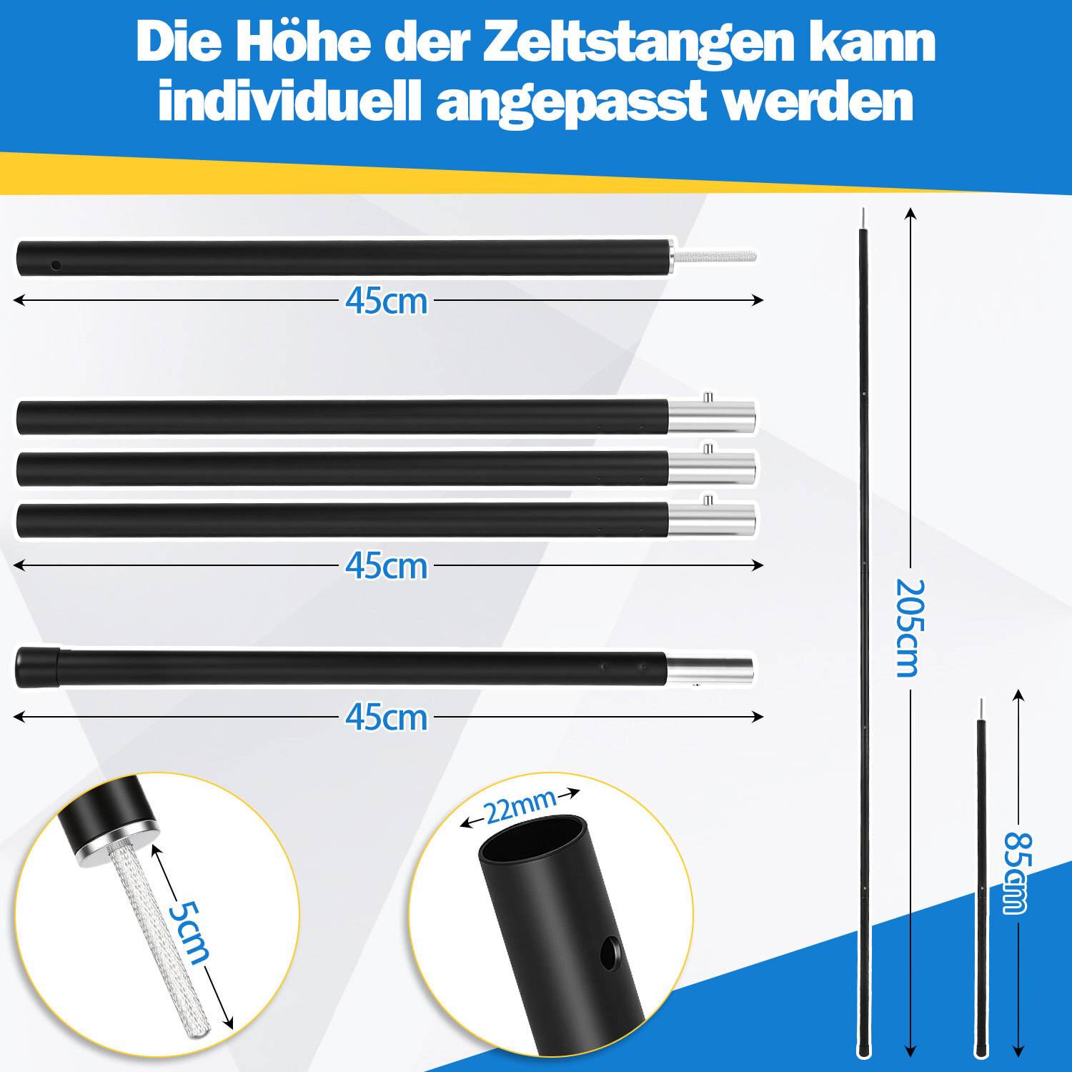 2pcs Zeltstangen 2m Schwarz Tarpstange Sonnensegel Stange Alu Aufstellstangen